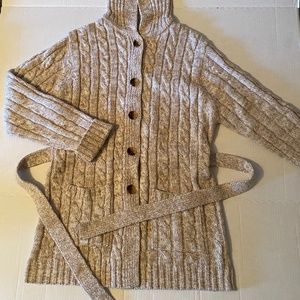 Tan cardigan hand knit look with belt tie